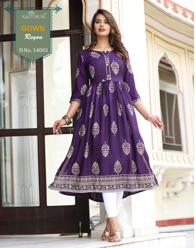 Kasturam 14001 To 14003 Rayon Print Fancy Kurti Collection
